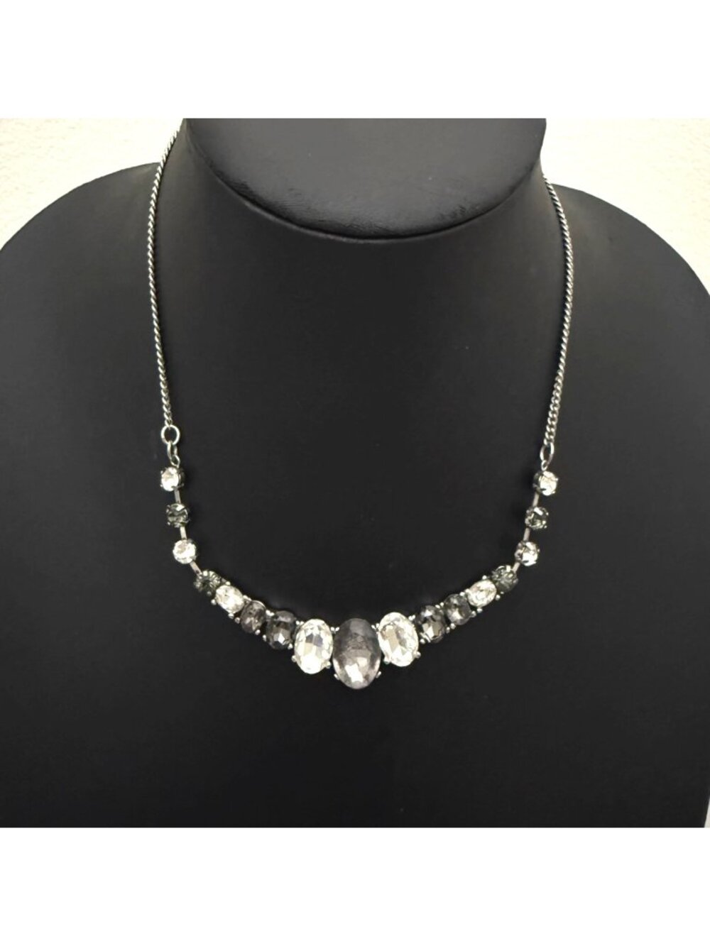Loft Necklace Oval Crystal Statement High Glam Minimalist Silver Tone 17 inches